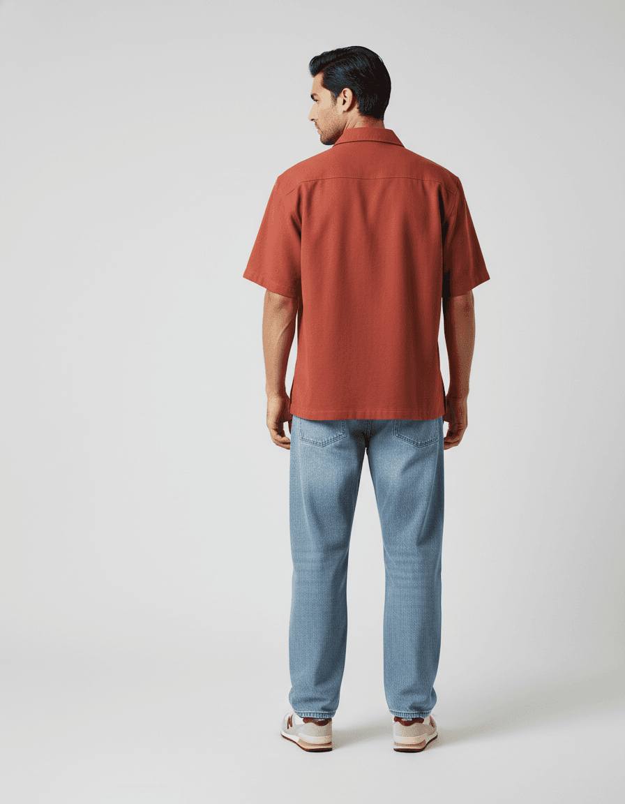 Rust Short-Sleeve Shirt & Blue Jeans Casual Look - Back View