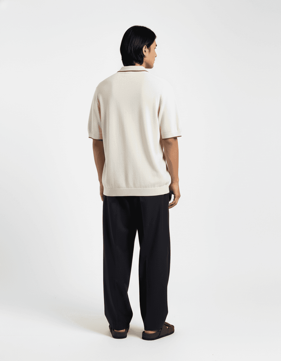 Beige Cuban Shirt & Navy Relaxed Trousers Look - Back View