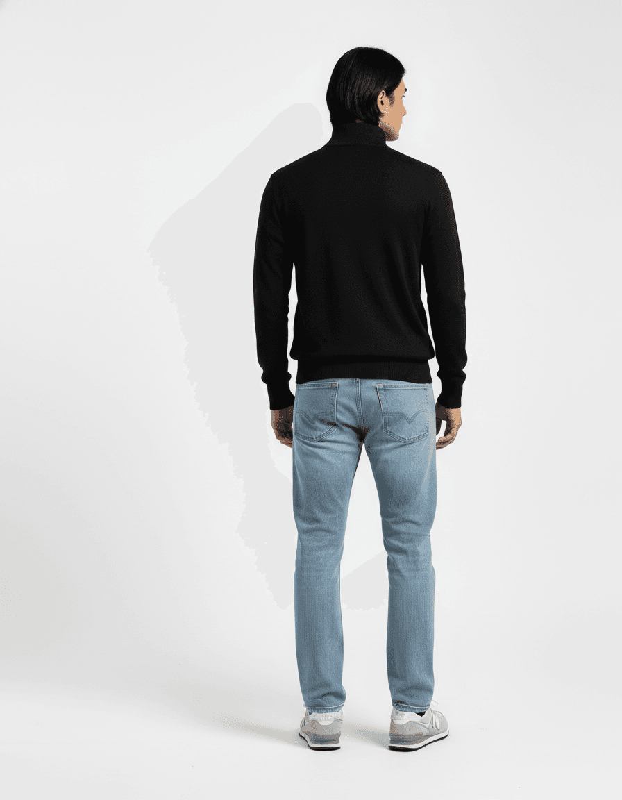 Black Quarter-Zip Pullover with Light Wash Jeans - Back View