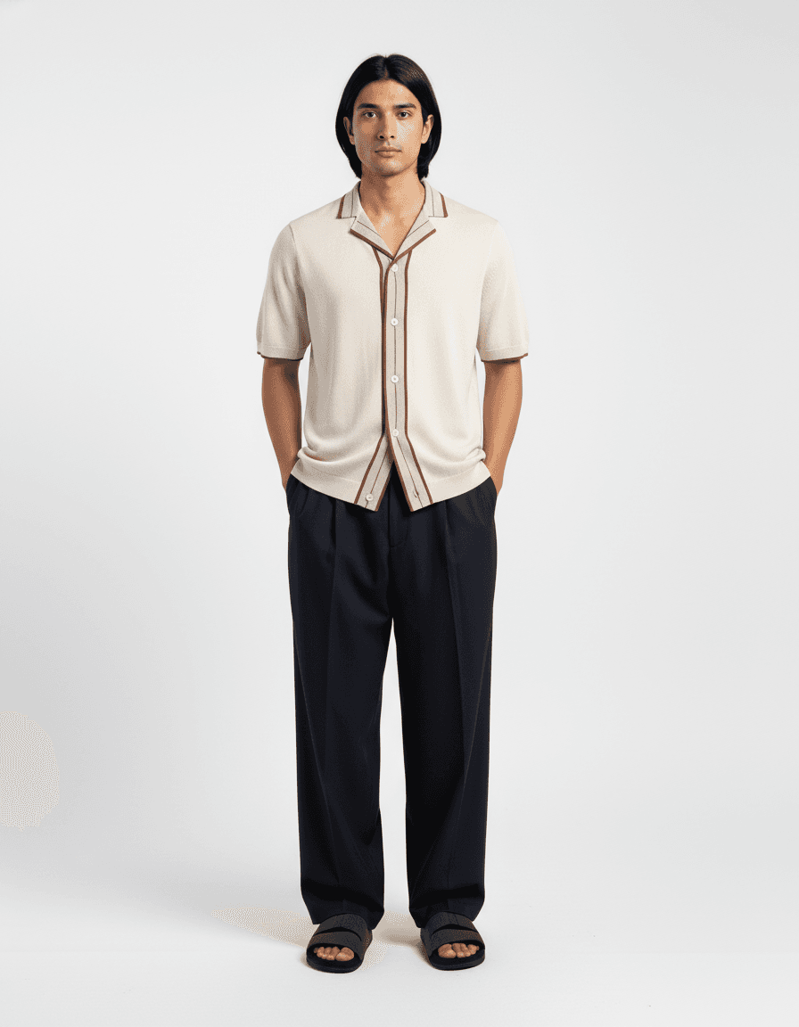 Beige Cuban Shirt & Navy Relaxed Trousers Look