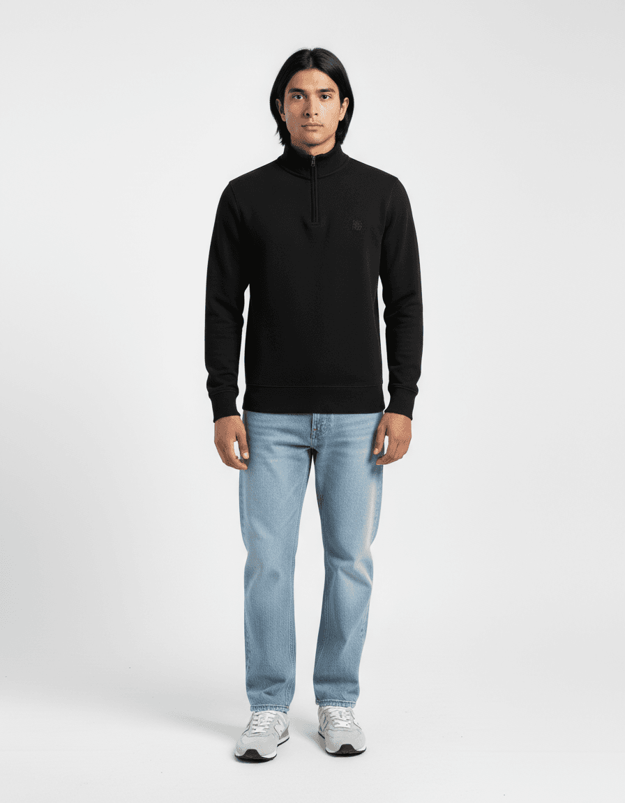 Black Quarter-Zip Pullover with Light Wash Jeans