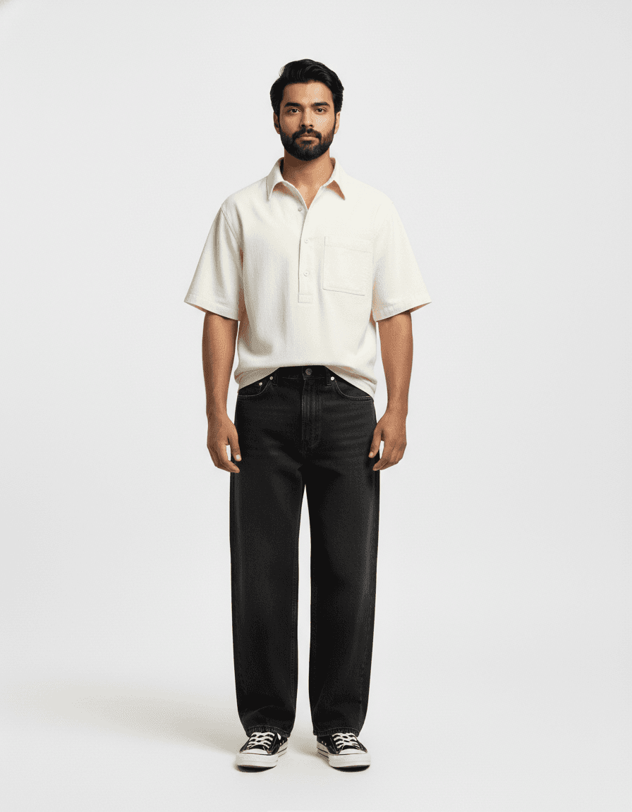 Cream Polo Shirt & Black Jeans Casual Look