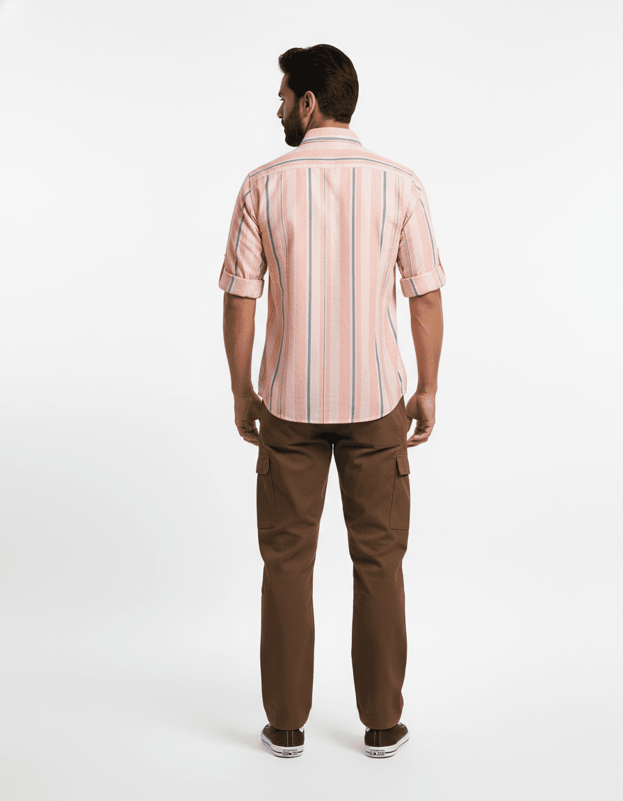 Pink Striped Shirt with Brown Cargo Pants - Back View