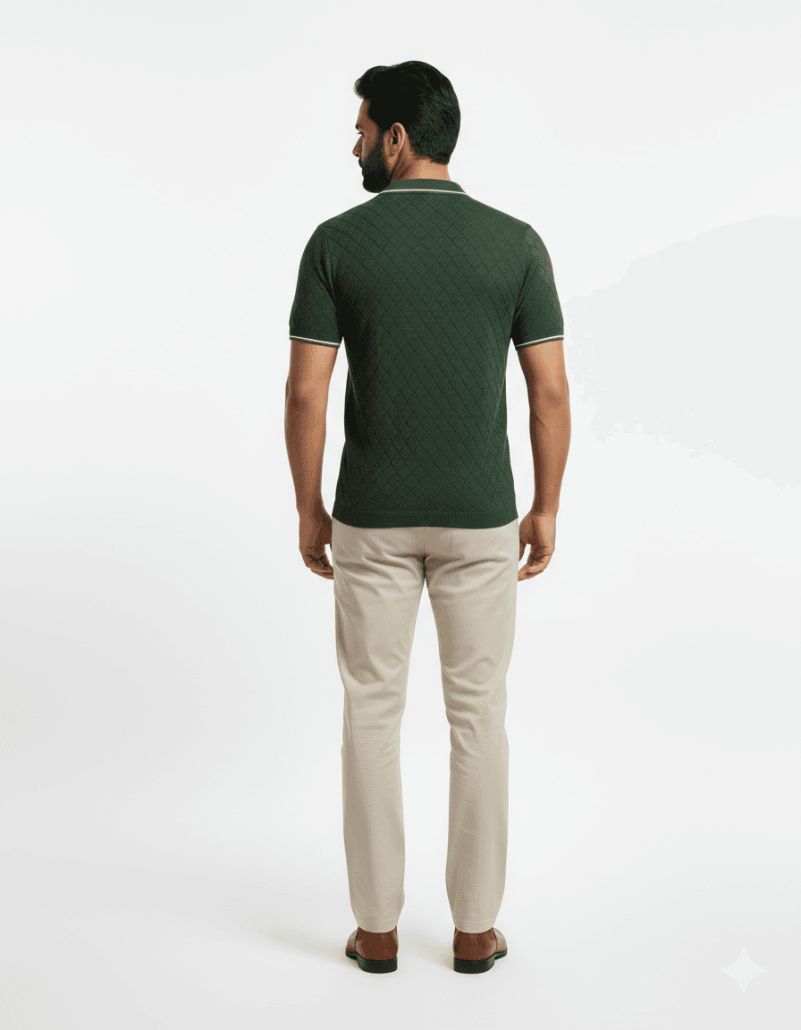 Green Knit Polo with Off-White Chinos - Back View