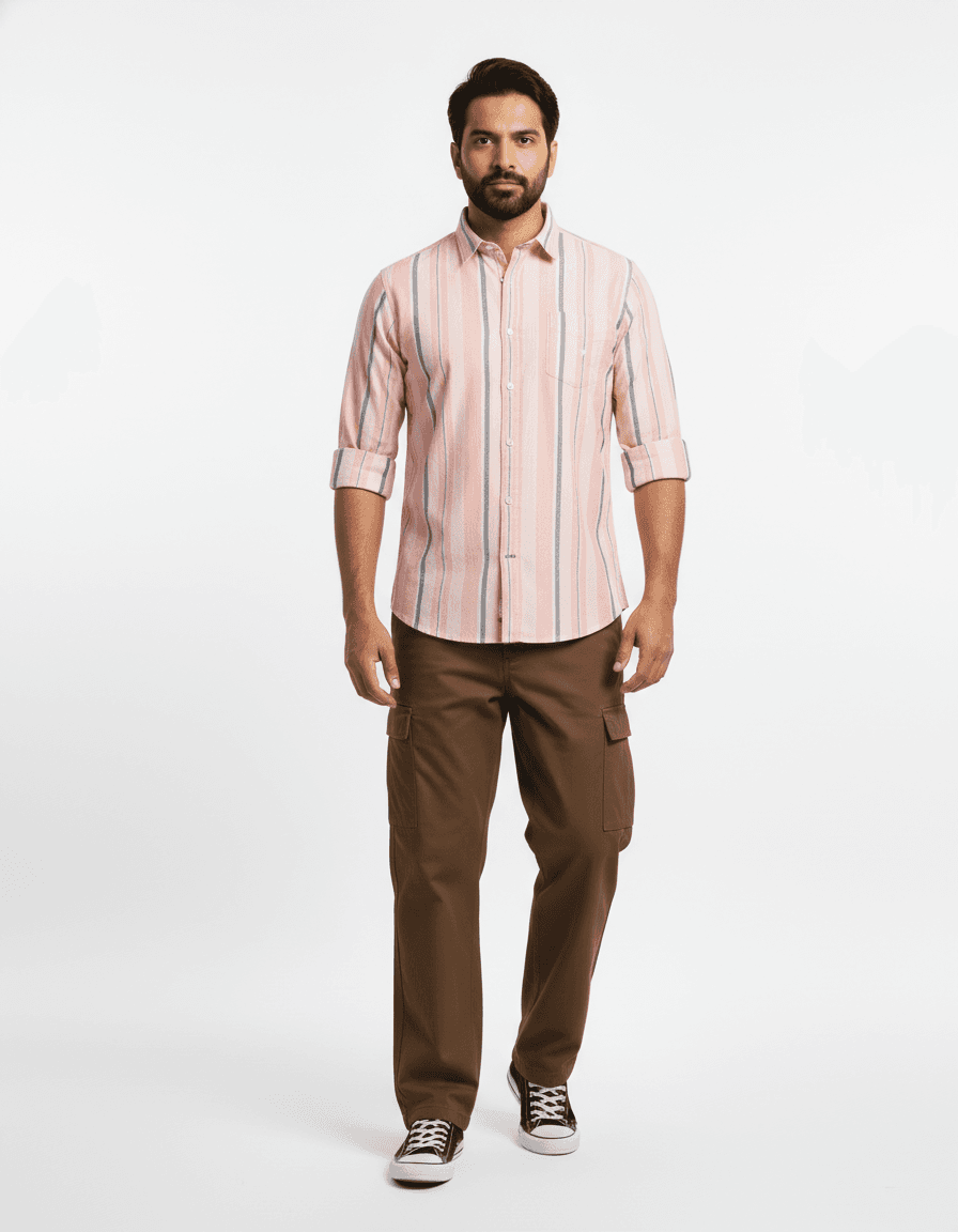 Pink Striped Shirt with Brown Cargo Pants