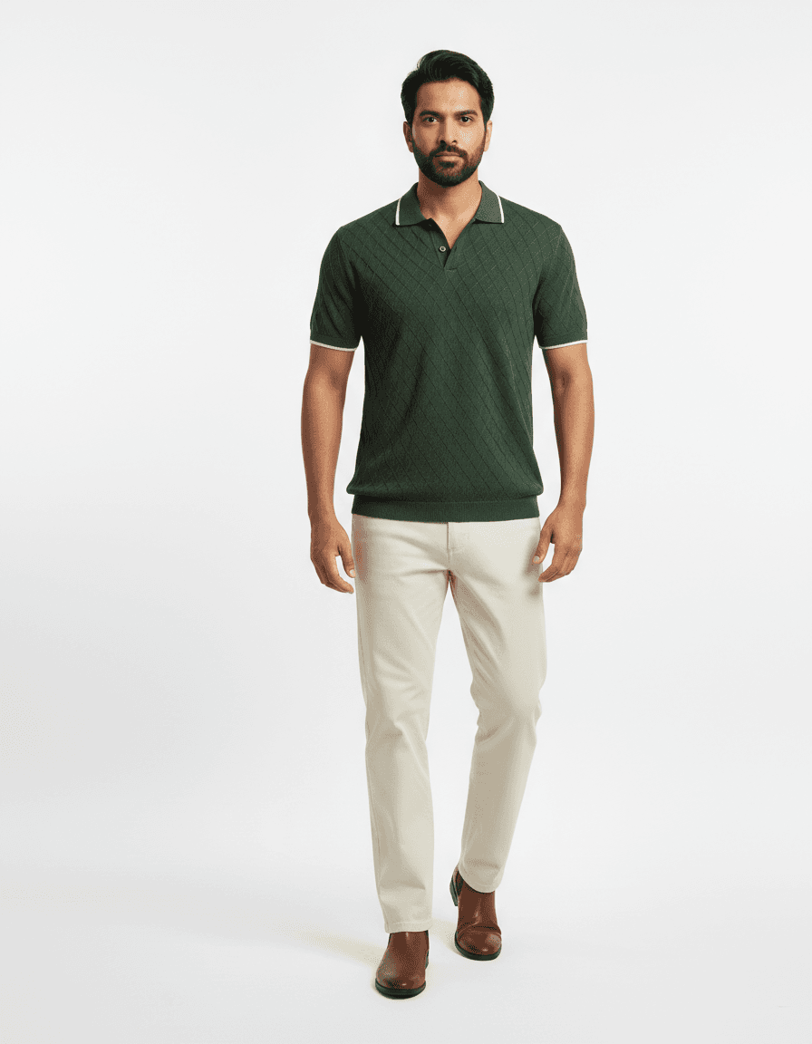 Green Knit Polo with Off-White Chinos