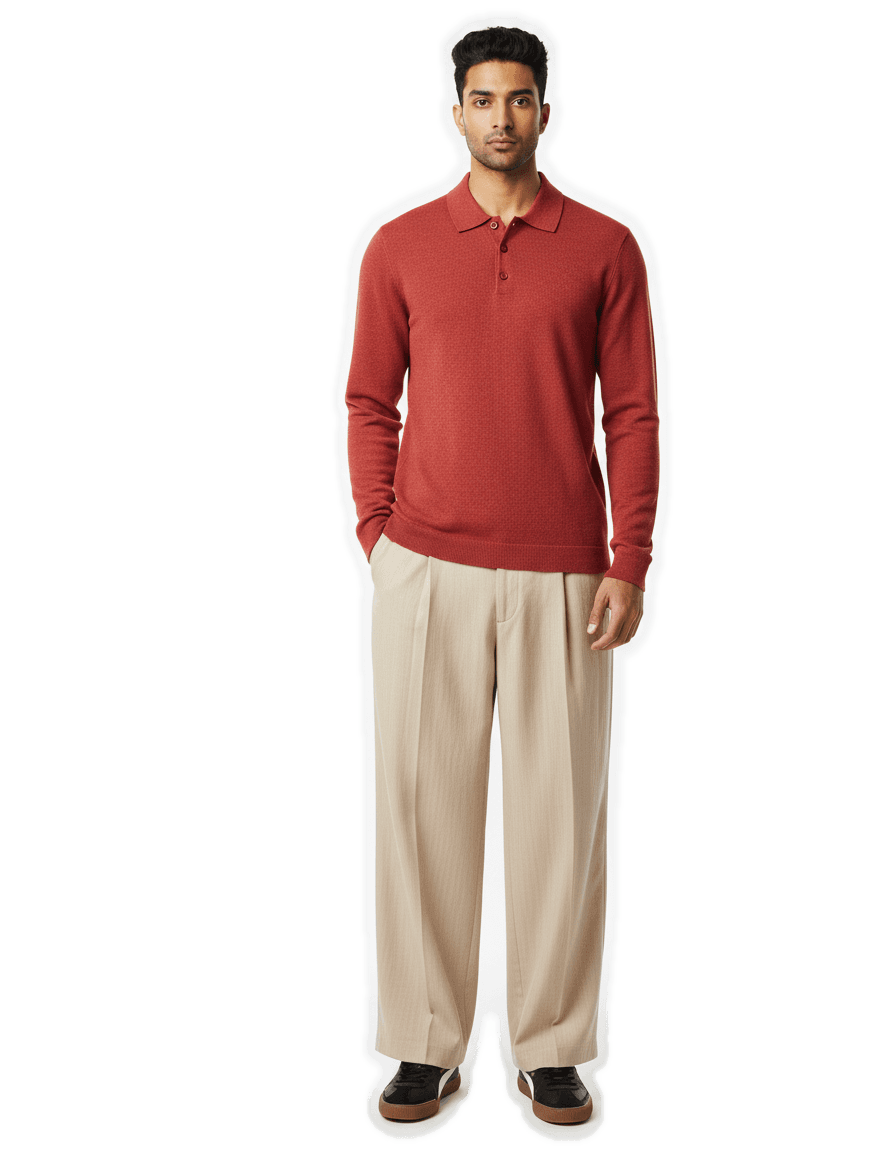 Rust Polo & Beige Formal Trousers Look