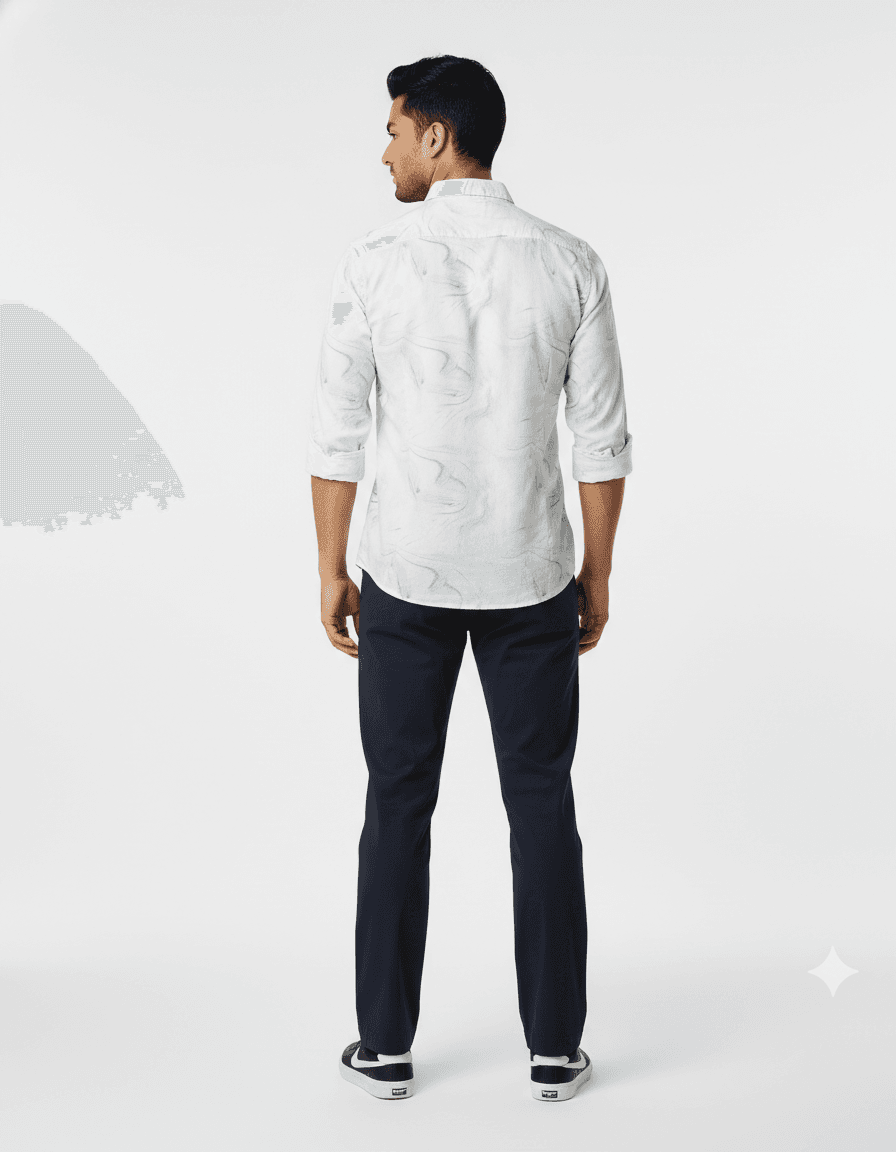 Light Blue Printed Shirt with Navy Trousers Smart-Casual Look - Back View