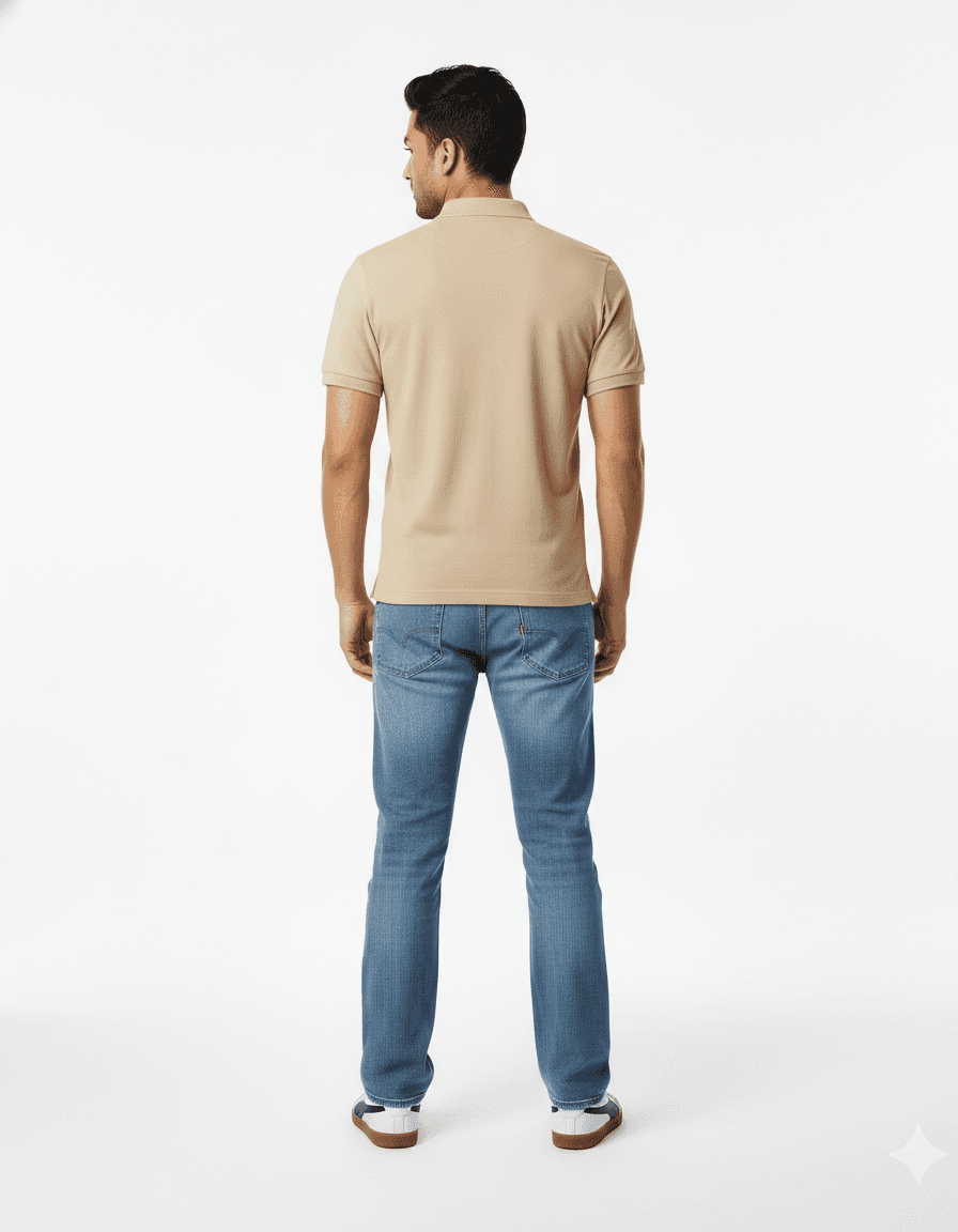 Tan Polo Shirt with Medium Wash Jeans - Back View