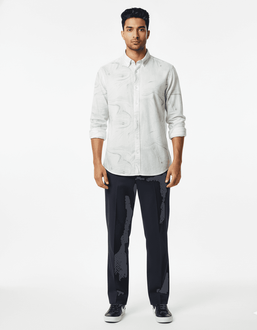 Light Blue Printed Shirt with Navy Trousers Smart-Casual Look