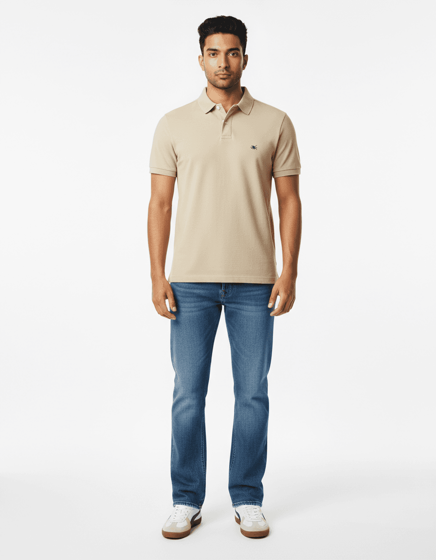 Tan Polo Shirt with Medium Wash Jeans