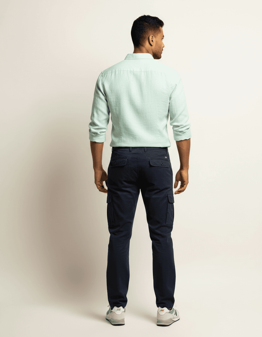 Mint Green Shirt with Navy Cargo Pants Casual Look - Back View