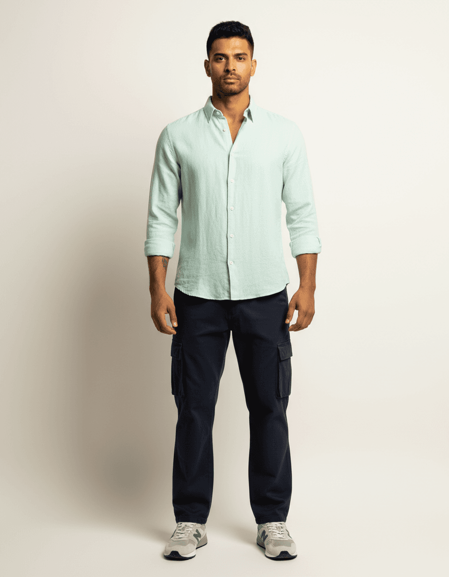 Mint Green Shirt with Navy Cargo Pants Casual Look