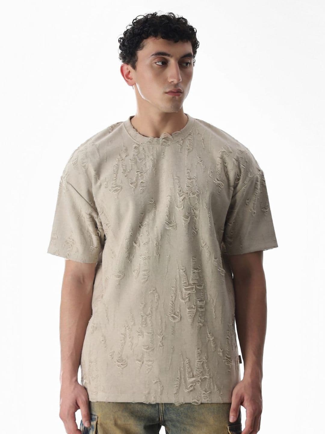Men Self Design Round Neck Oversized T-shirt