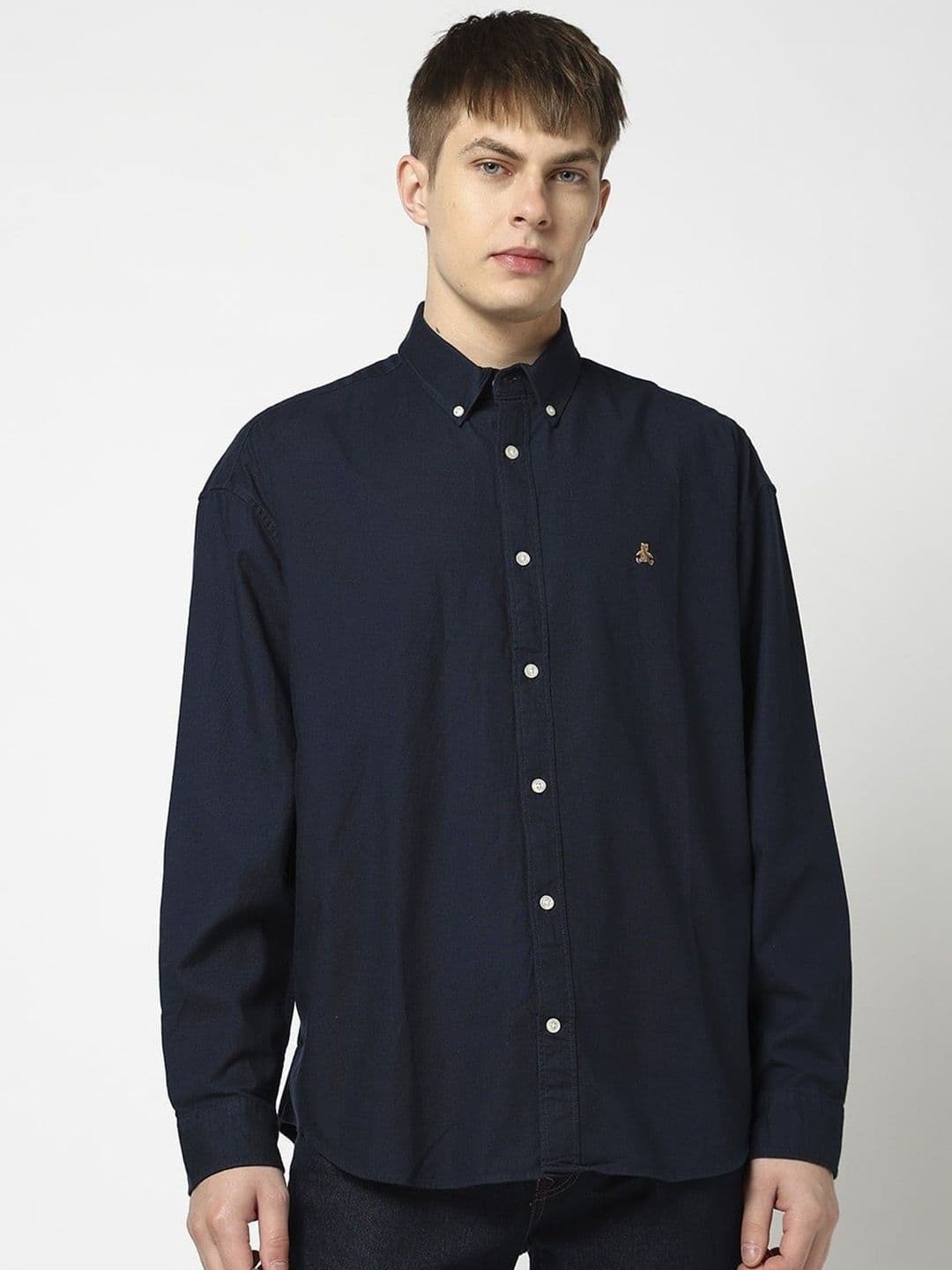 Men Solid Button-Down Collar Pure Cotton Casual Shirt